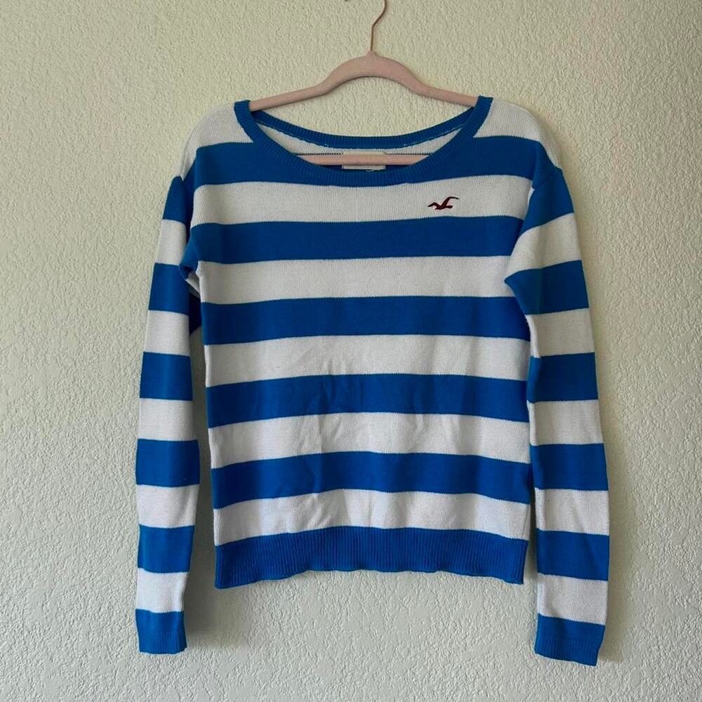 Y2K Hollister Striped Sweater Wide Shoulder XS Bird Logo Blue and White